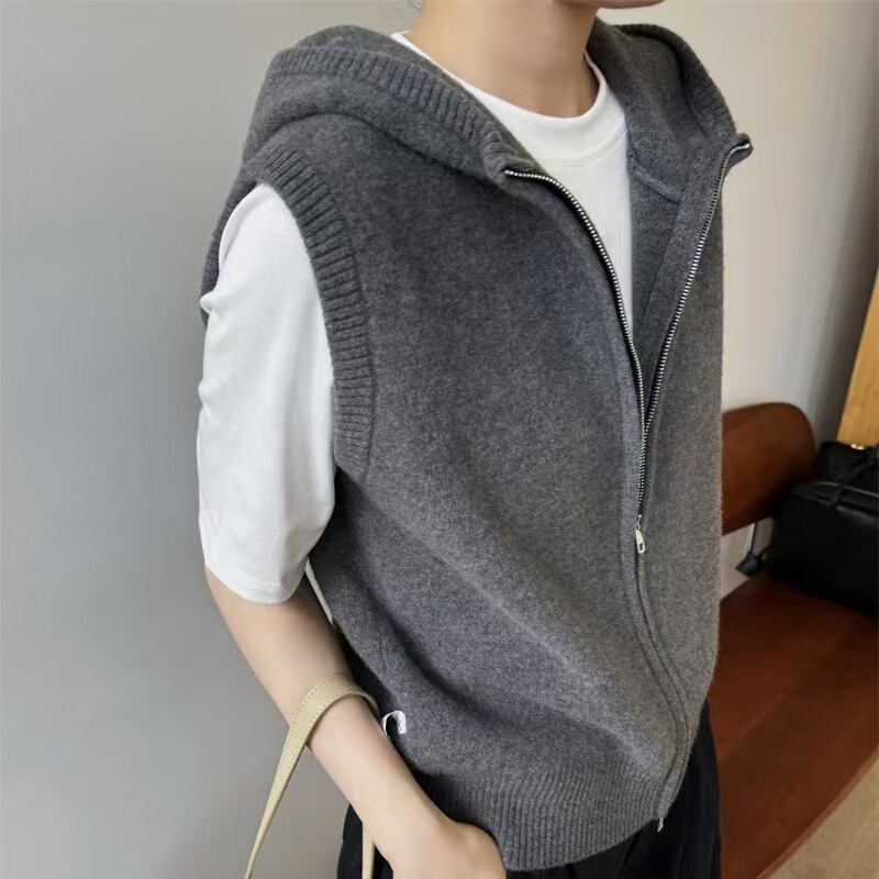 Hooded Zipper Knitted Vest Women's Pure Wool Sweater Autumn and Winter New Stacked European Loose Sweater Wearless Top Trendy