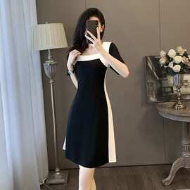 法式连衣裙收腰显瘦拼接夏裙子新款设计感小众黑白气质拼色打底裙