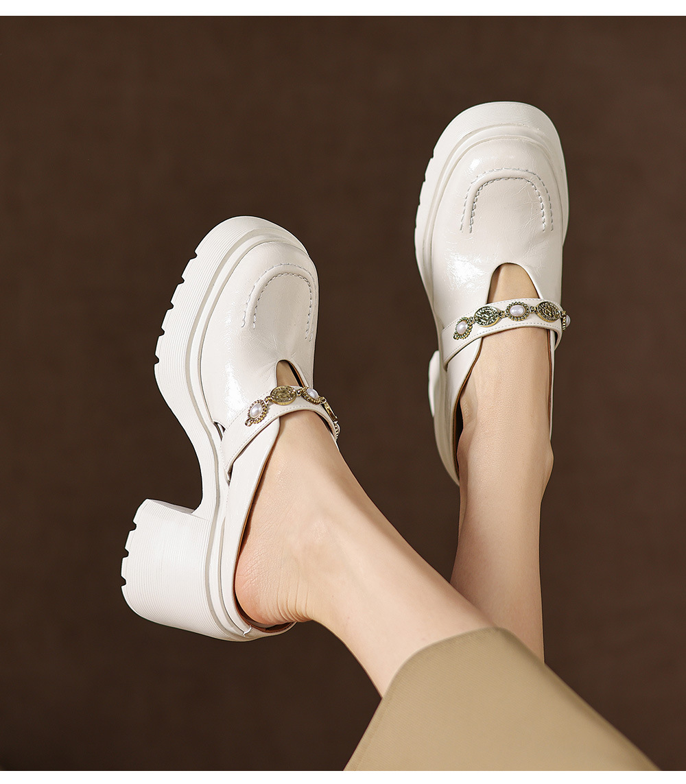 Mule nữ da bò bít mũi đế dày gót cao 9 cm khóa kim loại — màu đen, màu trắng ngà chi tiết 21