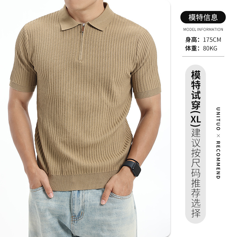 Verano nuevo hombre medio cremallera agujero de hielo tejedido polo camiseta de manga corta ligera de negocios de alto nivel hombre