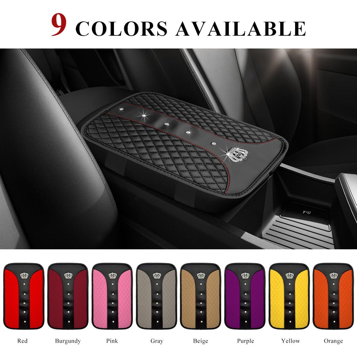 Car armrest box cushion, crown leather studded armrest box pad, armrest cover, three-dimensional quilted embroidery car interior accessory