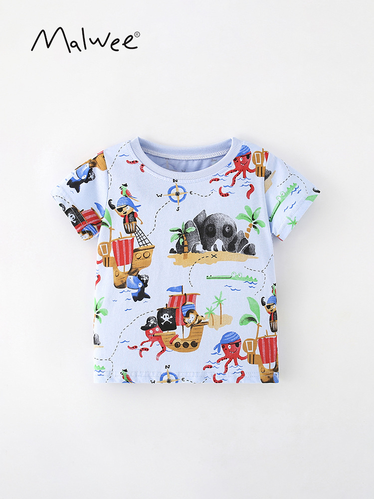 Malwee niño camiseta de cuello redondo ropa de verano nuevo estilo europeo y americano impresión casual de mangas cortas ropa infantil camiseta al por mayor