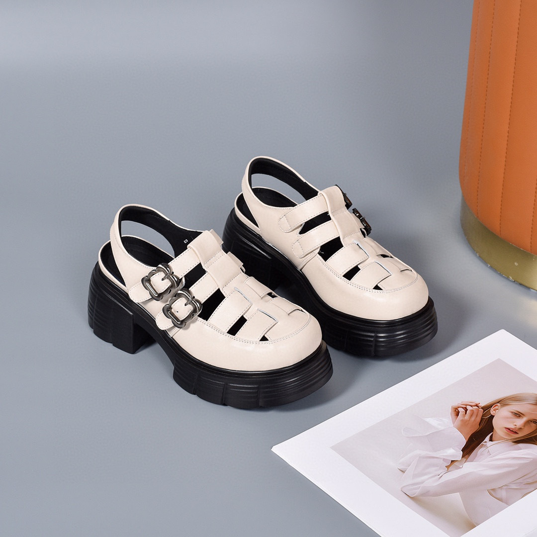 Dép sandal nữ da thật đế dày kiểu La Mã mũi tròn gót dày quai hậu — đen chi tiết 7
