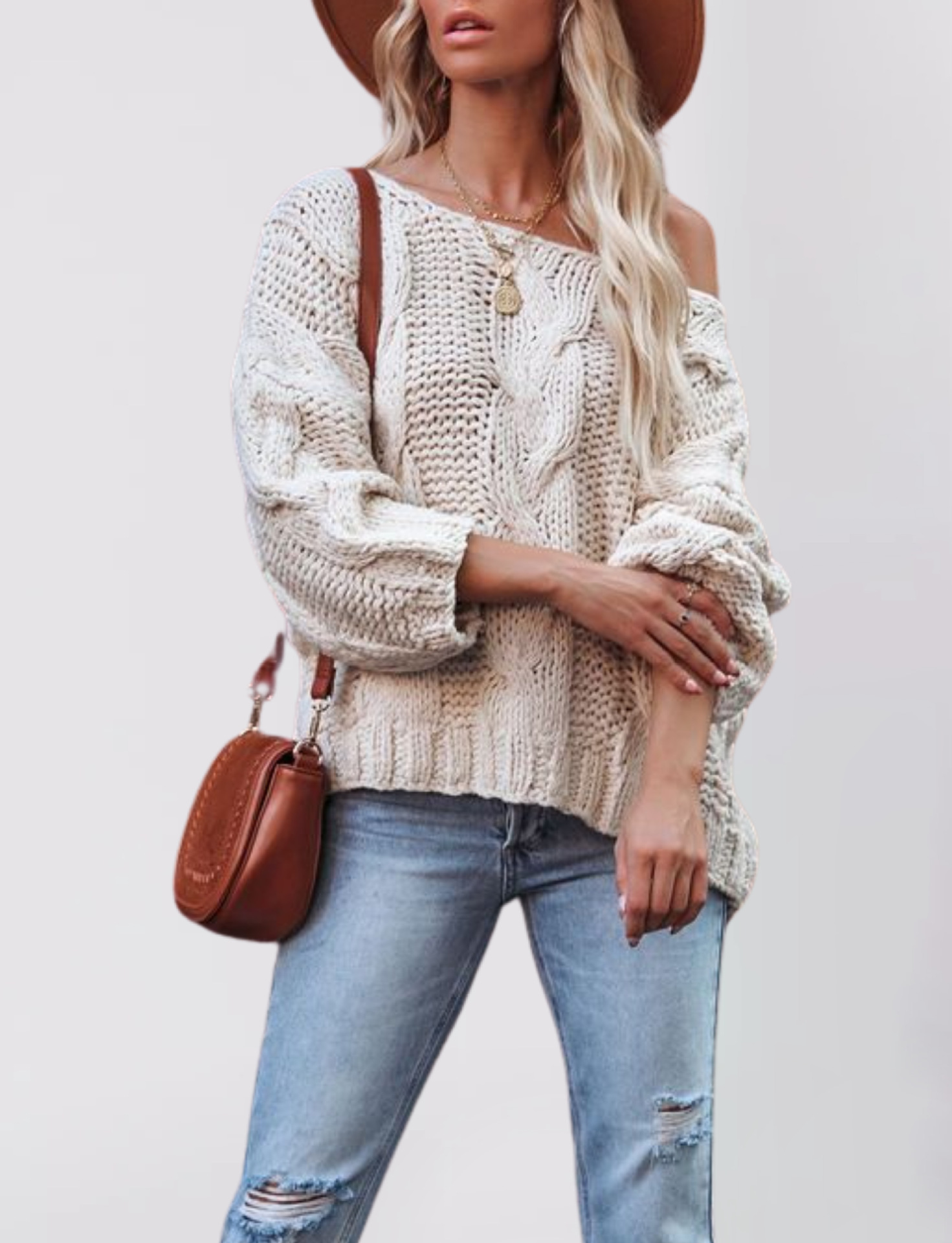Suéter Holgado de Punto con Hombros Descubiertos y Estilo Urbano Europeo y Americano, Nuevo en Amazon para Otoño/Invierno 2025, Talla Grande para Mujer