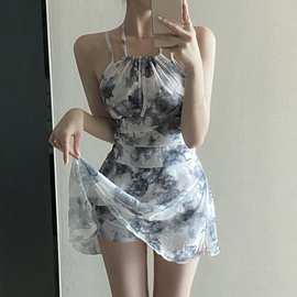 泳衣女扎染风显瘦辣妹碎花设计感泳装韩范连体裙式小清新保守吊带