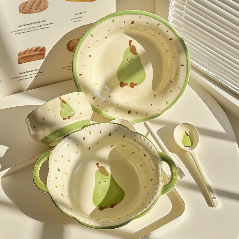 [Green Pear 5-piece Set] Double-eared Large Soup Bowl + Bowl + Plate + Spoon + C…
