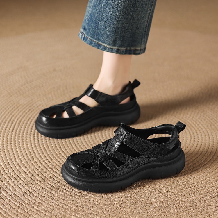 Sandal nữ đế dày da cừu phối quai ngang phong cách học đường — màu đen, màu trắng ngà chi tiết 33