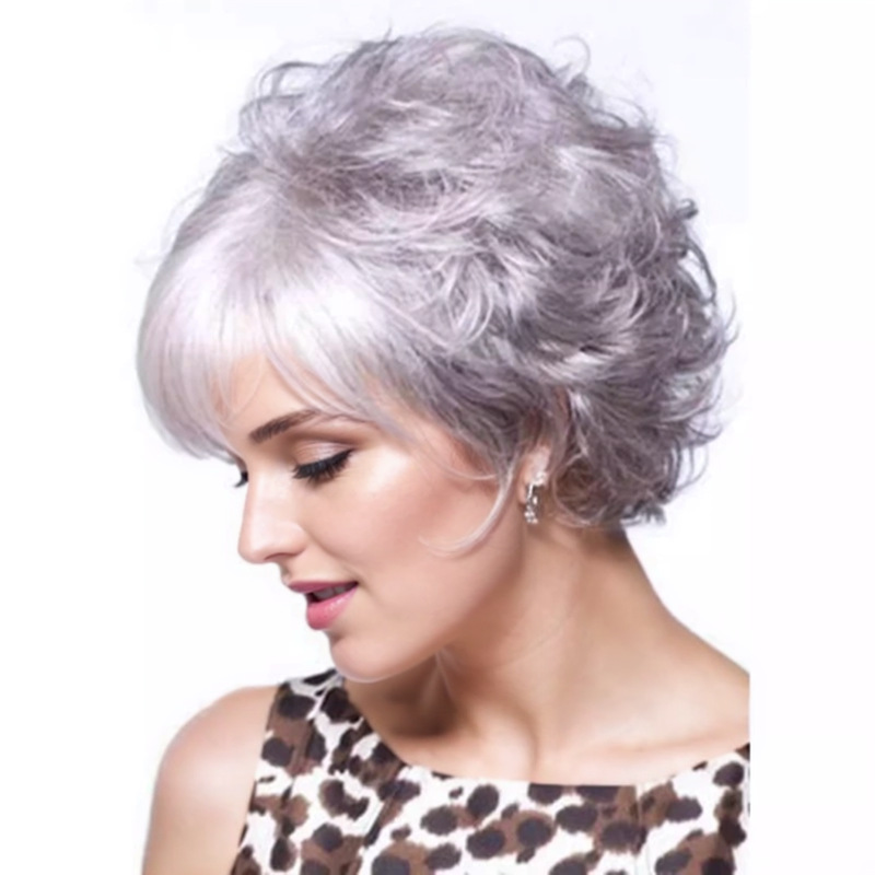Comercio exterior de Europa y América popular pequeña peluca rizado gris de las mujeres blancas Pelo Corto rizado peluca un pedazo de pelo