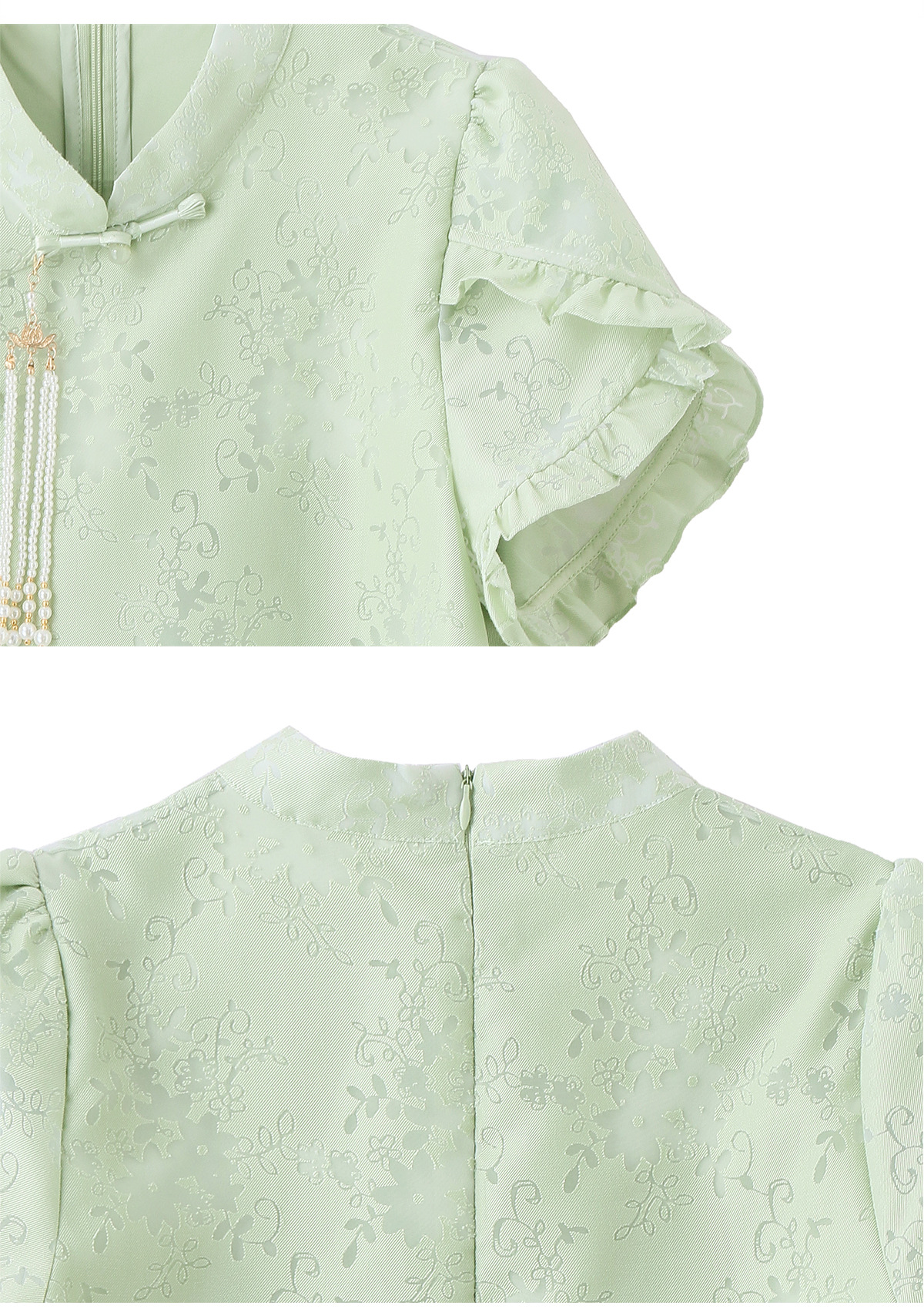 Bộ áo sơ mi họa tiết jacquard kết hợp quần ống rộng cạp thun hai mảnh thời trang — Vàng kem, xanh lá cây chi tiết 28