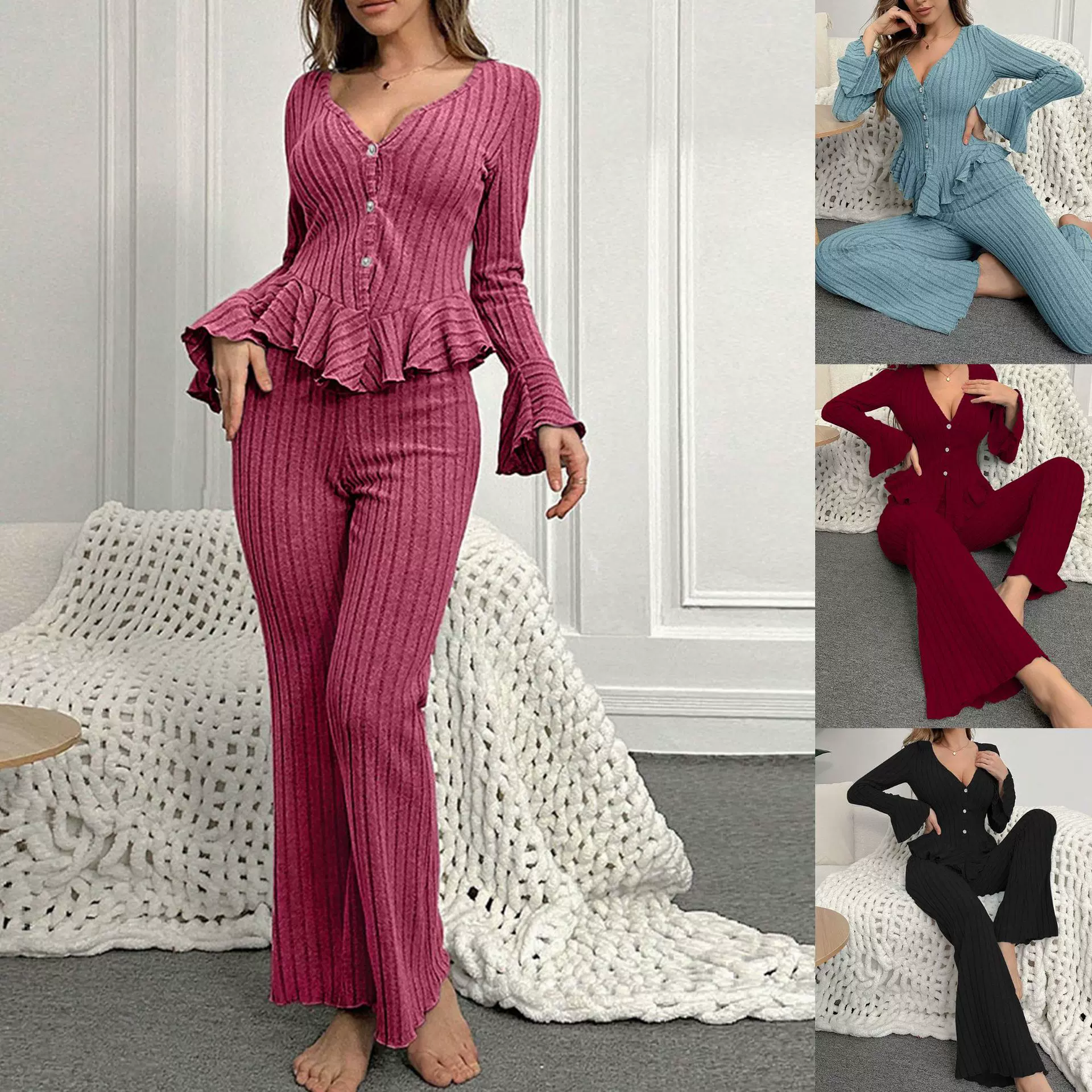 秋冬季新品欧美女士V领开衫荷叶边喇叭袖长袖长裤睡衣家居服套装