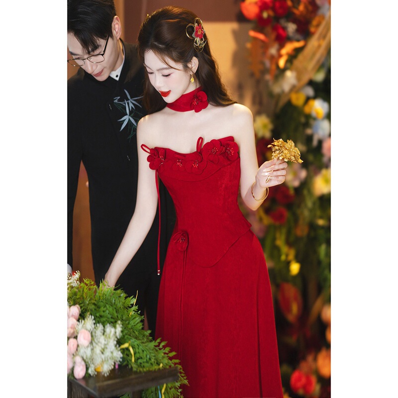 Bridal Gown for Toasting, High-End Red Satin Engagement Dress, Wedding Strapless Dress, Classy and Elegant Wedding Attire Bridal Gown for Toasting, High-End Red Satin Engagement Dress, Wedding Strapless Dress, Classy and Elegant Wedding Attire