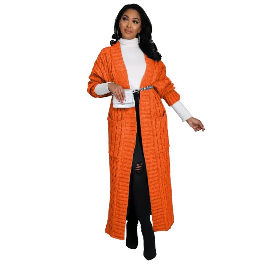 2025 nuevo otoño e invierno Amazon ropa de mujer europea y americana moda bolsillo cárdigan casual suéter de manga larga largo color sólido exterior