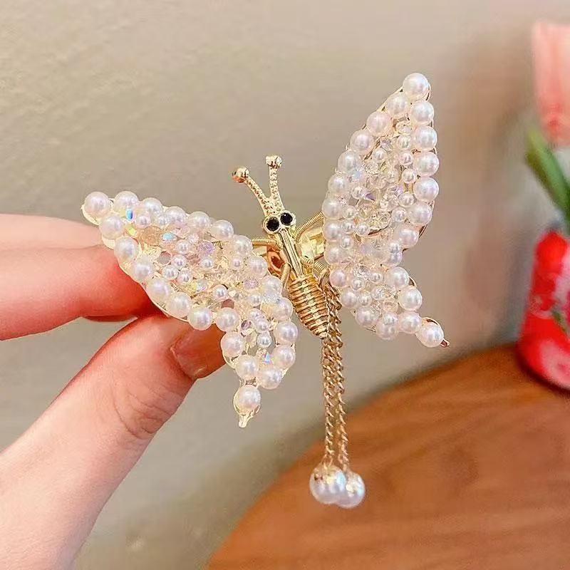 Children's Moving Butterfly Hairpin Little Girl Tassel Pearl Hairpin Hairpin Girl Diamond Bangs Side Clip