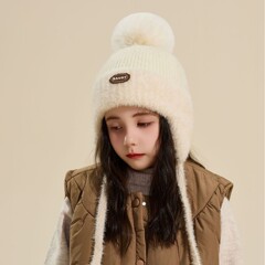 儿童帽子2025新款冬季男女童护耳毛球雷锋帽显脸小防寒保暖针织帽
