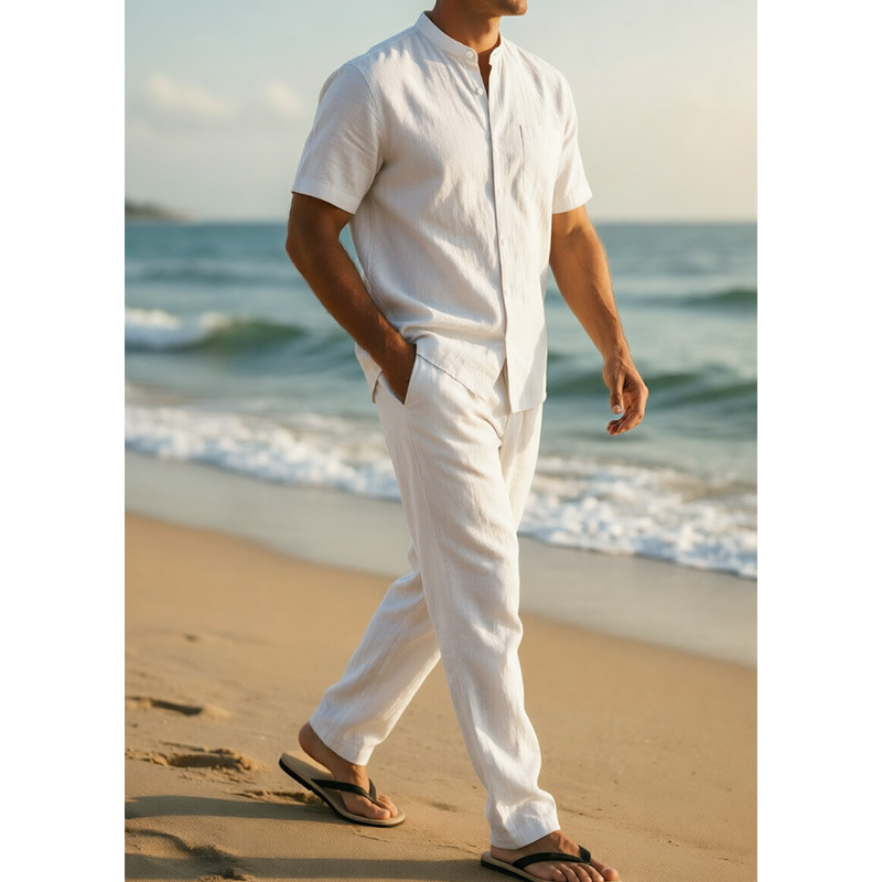 2026 Summer Cross-Border Amazon 3D American Style Suit Men's Henley Collar Beach Shirt Short Sleeve Pants Two Pieces