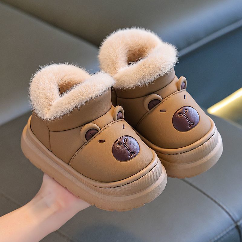 Winter New Model Kapibara Children's Cotton Slippers, Cute Waterproof Non-Slip Warm Leather Style Home and Outdoor Snow Boots