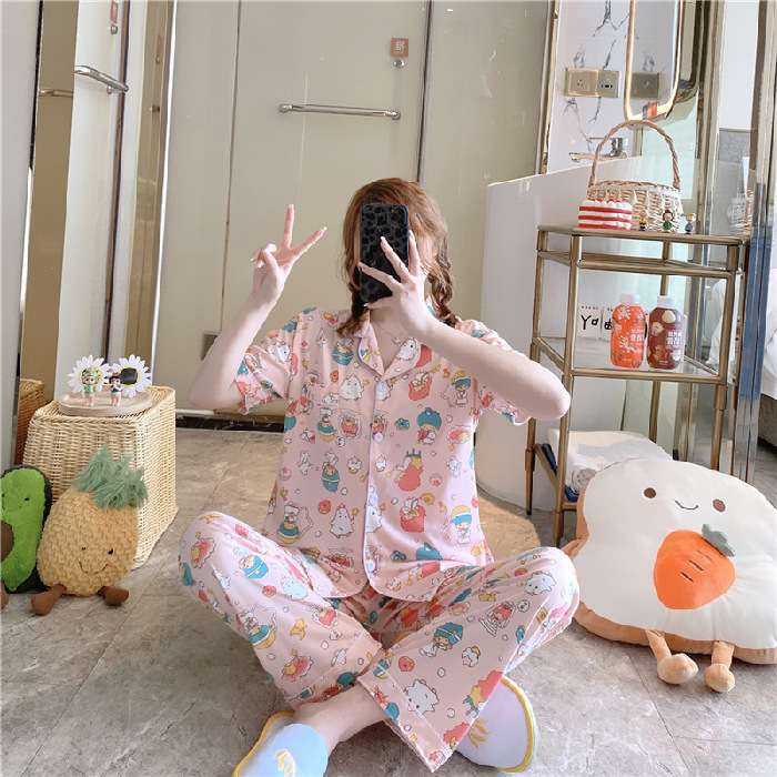 Pantalones de manga corta pijamas de las mujeres de verano estilo coreano ins cardigan leche traje de seda hogar ocio dibujos animados estudiante fuera image 23