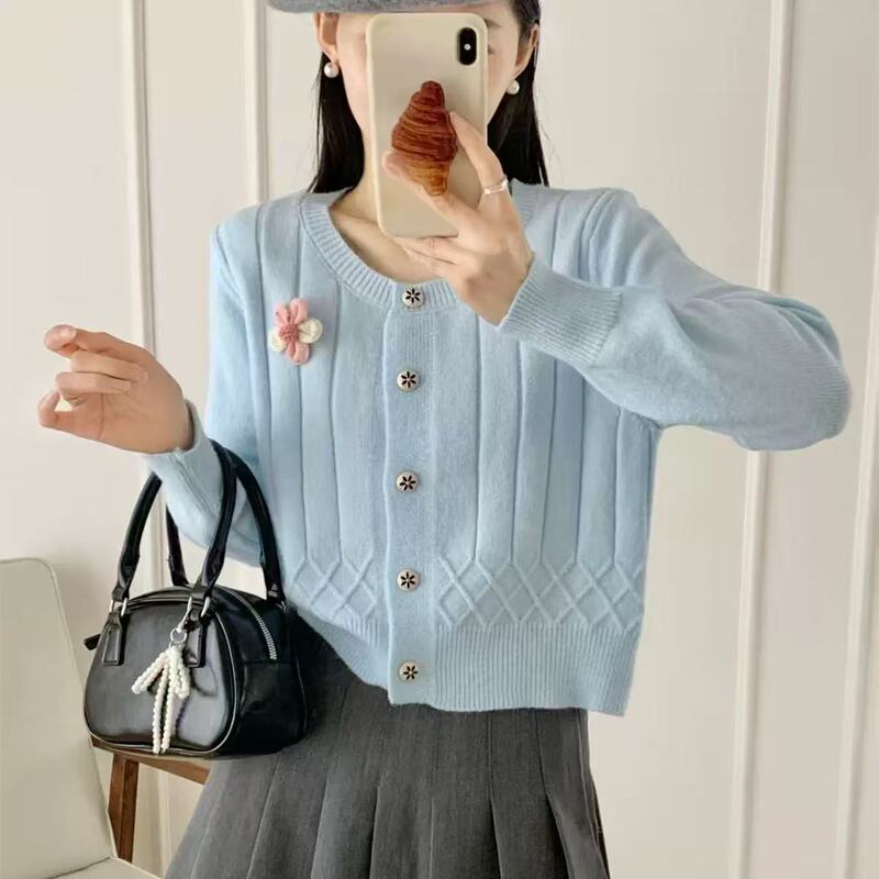 Korean Stereo Flower Round Neck Knitted Sweater Women's Cardigan 2025 Autumn and Winter New Vertical Stripesd Loose Top Jacket