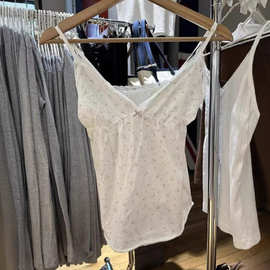 BM风 新款橘粉色v领碎花蕾丝蝴蝶结吊带背心女甜美修身显瘦短上衣