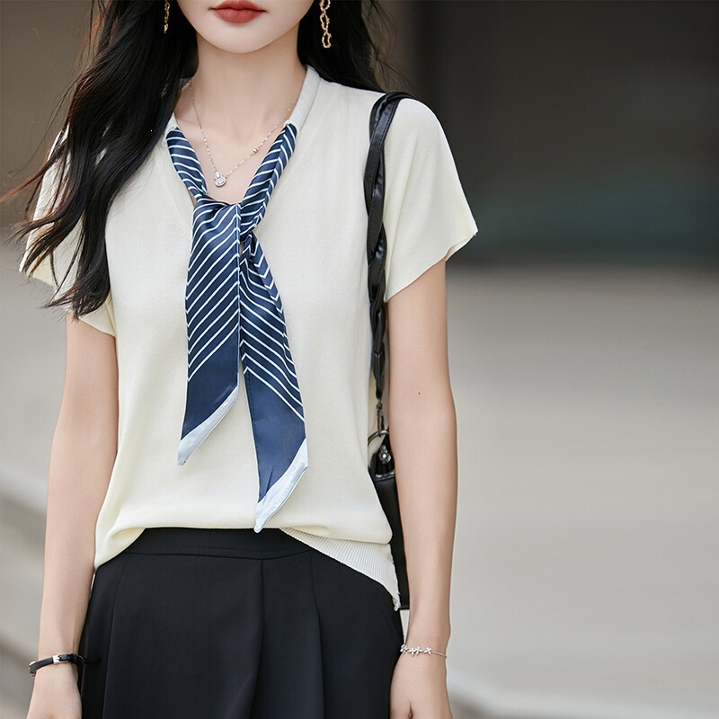 College Style Tie-Neck Short-Sleeve Shirt for Women 2026 Spring/Summer New Stylish Loose Knit T-Shirt Top