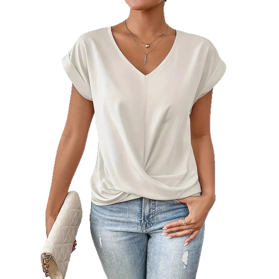 Women's Clothing Elegant V Neck T-Shirt Solid Color Short Sleeve Top For Spring And Summer Hot Selling_ecoleips.com