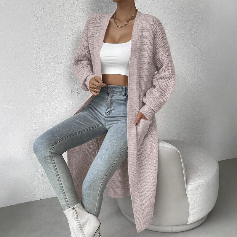 Waffle Knit Extra-Long Cardigan for Women, New Autumn Style, Lazy Casual Style, Long Over-The-Knee Coat, European and American Street Style