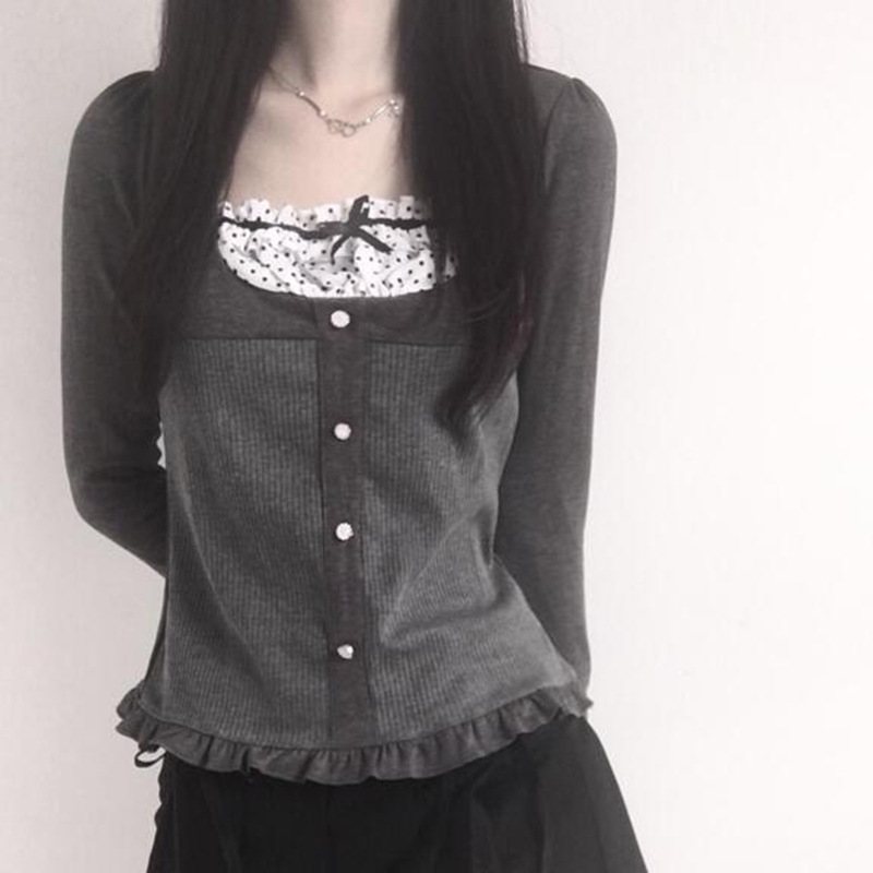 Low Price Clearance Sale # Retro Pure Desire French-Style Fake Two-Piece Knit Sweater with Sweet Bow and Polka Dots, Sexy Long-Sleeve Top.