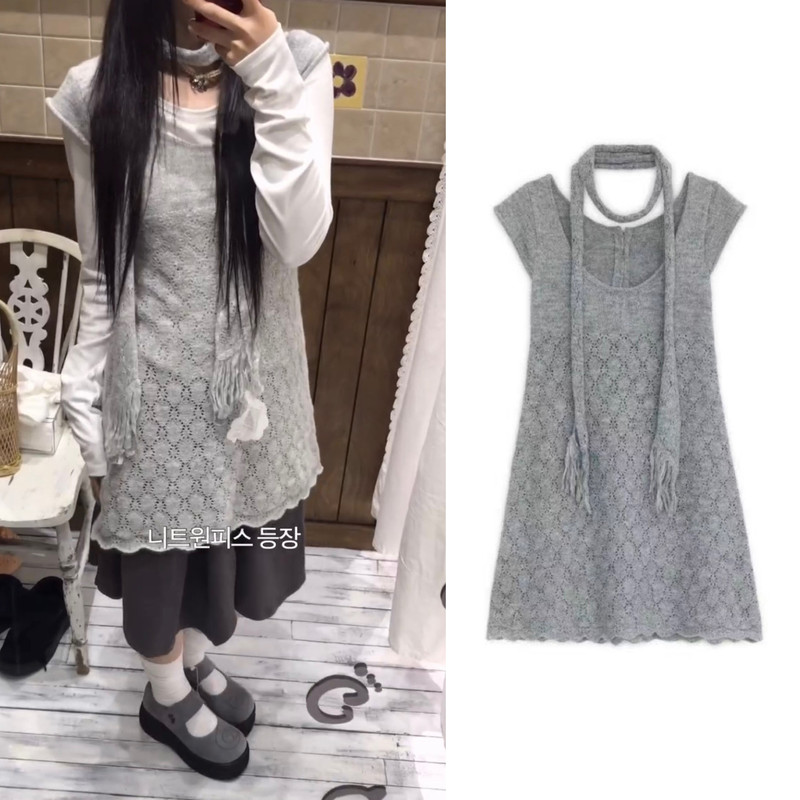 Korean niche brand HUGYOURSKIN's reversible hollow-out floral high-elastic short-sleeve sweater dress + scarf
