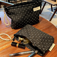 波点黑色化妆包甜美系护肤品收纳包手拎便携式零钱包旅行洗漱