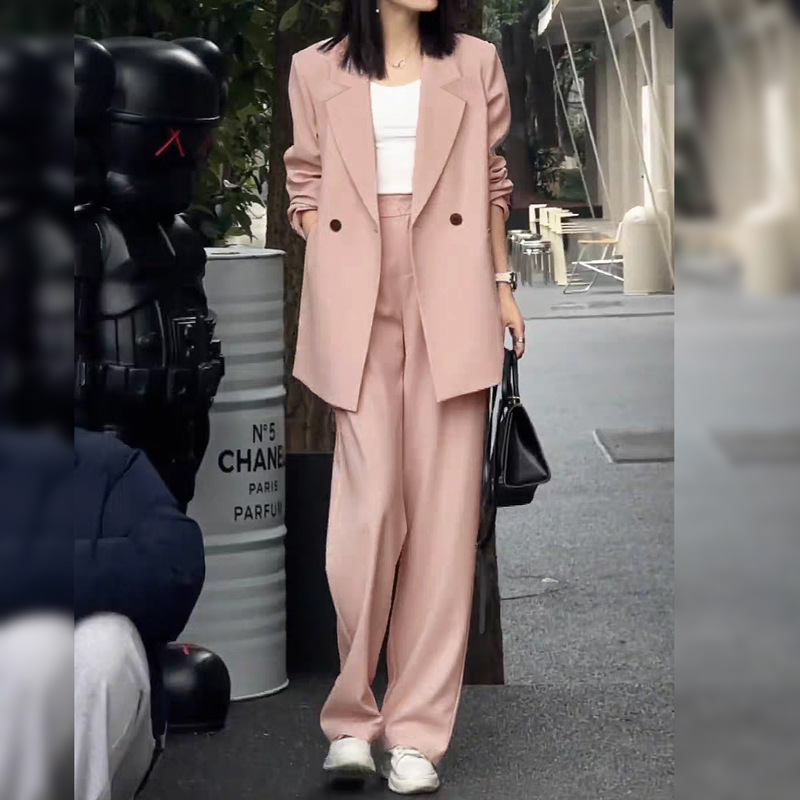 Xz121-Spring and Autumn Blazer Women's Plus Size Wide Leg Pants Suit Fat mm 100kg Pink Loose