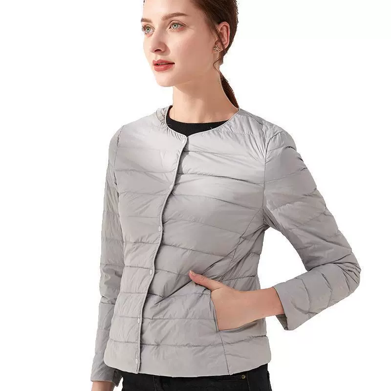 Демисезонная куртка из пуха с длинным рукавом, круглый воротник, slim fit, плюс размеры