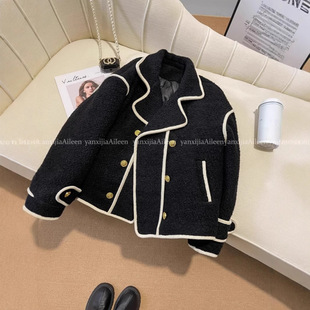 plus size Black Chanel Style Lambswool Coat Women Autumn and Winter 2023 New Fur One chubby girl Short Top