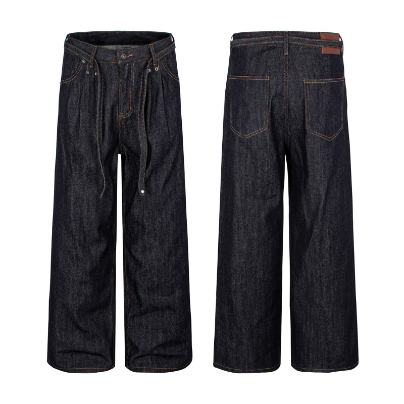Washed American-Style Raw Denim Jeans with Belt Decoration, Loose Straight Fit, Unisex, Gold Stitching, Direct from Manufacturer Washed American-Style Raw Denim Jeans with Belt Decoration, Loose Straight Fit, Unisex, Gold Stitching, Direct from Manufacturer