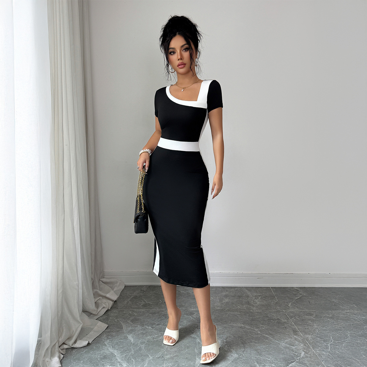 Women's Elegant Sophisticated Dress Slanted Neck Color Block Design Spring Summer Both Style And Comfort_ecoleips.com