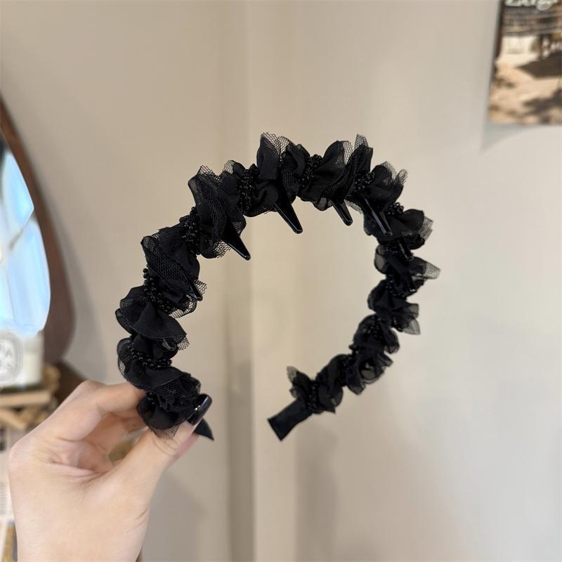 Dulce malla de perlas negras onduladas bandas de cabello para mujeres de alto nivel de sensación de cabello flojo raíz clip de cabello alto cráneo cara pequeña bandas de cabeza