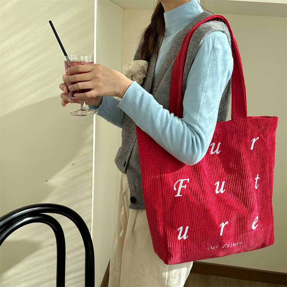 310262 embroidered letter future corduroy single-shoulder Maillard color hand-held canvas bag Women's tote bag undefined