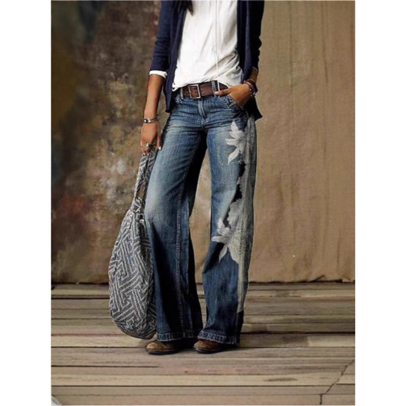 Cross-Border Foreign Trade Cross-Border Aliexpress Ebay European and American Foreign Trade Plus-Size Women's Casual Pants Imitation Jeans Wide-Leg Pants Long Pants