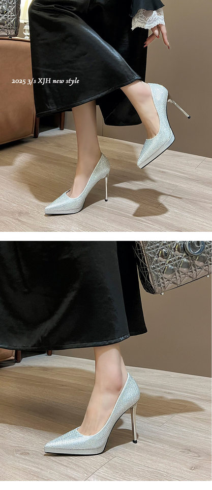 Giày cao gót nữ mũi nhọn gót nhọn siêu cao có đế chống thấm, phong cách quyến rũ — Màu vàng chi tiết 11