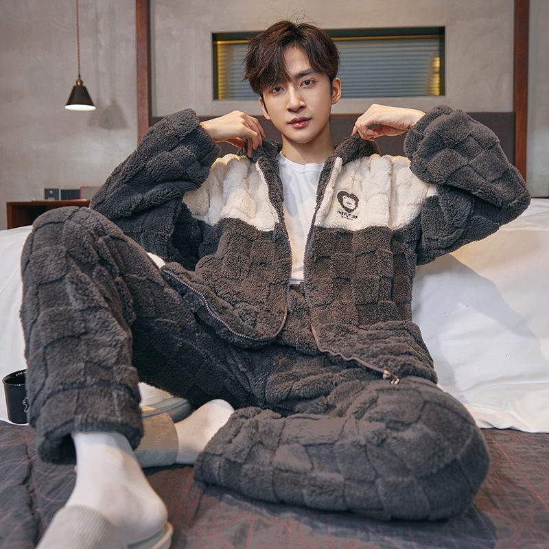 Pijamas Otoño e Invierno de los hombres de lana de coral forrado de lana gruesa caliente con capucha franela suelta más tamaño homewear traje