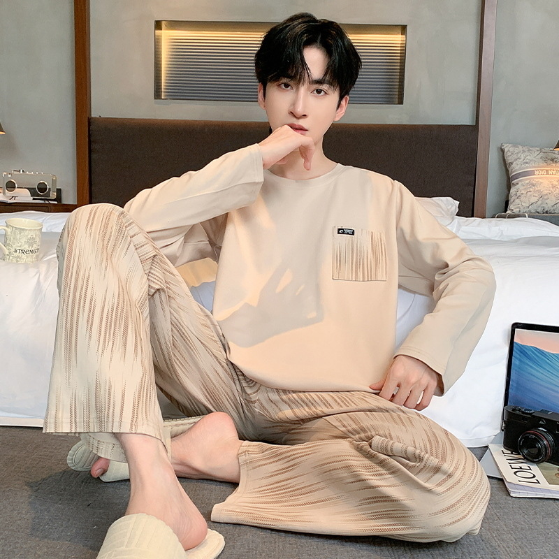 Pijama de algodón masculino primavera y otoño rayas cómodo color sólido delgado casual suelto pantalones largos de mangas largas set de ropa para el hogar