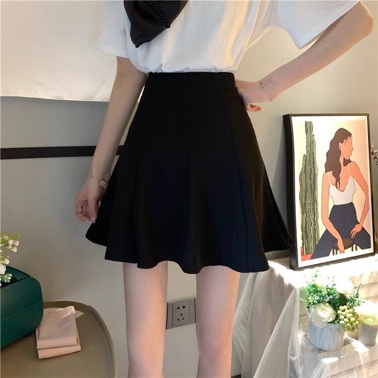 Summer Slimming Pleated Little Black Dress Anti-Exposure Umbrella Skirt Student Puff Short Skirt Plus Size High-Waisted A-Line Half Skirt