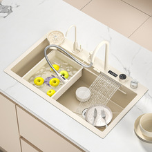 N8奶油数显飞雨瀑布大单槽家用厨房不锈钢手工水槽洗菜盆
