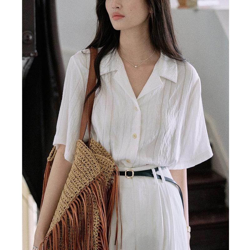 Jicoutre“ Nanyang Holiday” Loose Short-Sleeved Cuban Collar Shirt Women's Summer French Retro Casual Top