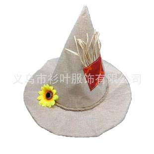 In-Stock Witch Pointed Hat Scarecrow Witch Hat Halloween Witch Hat Sunflower Twine Patch Linen Hat