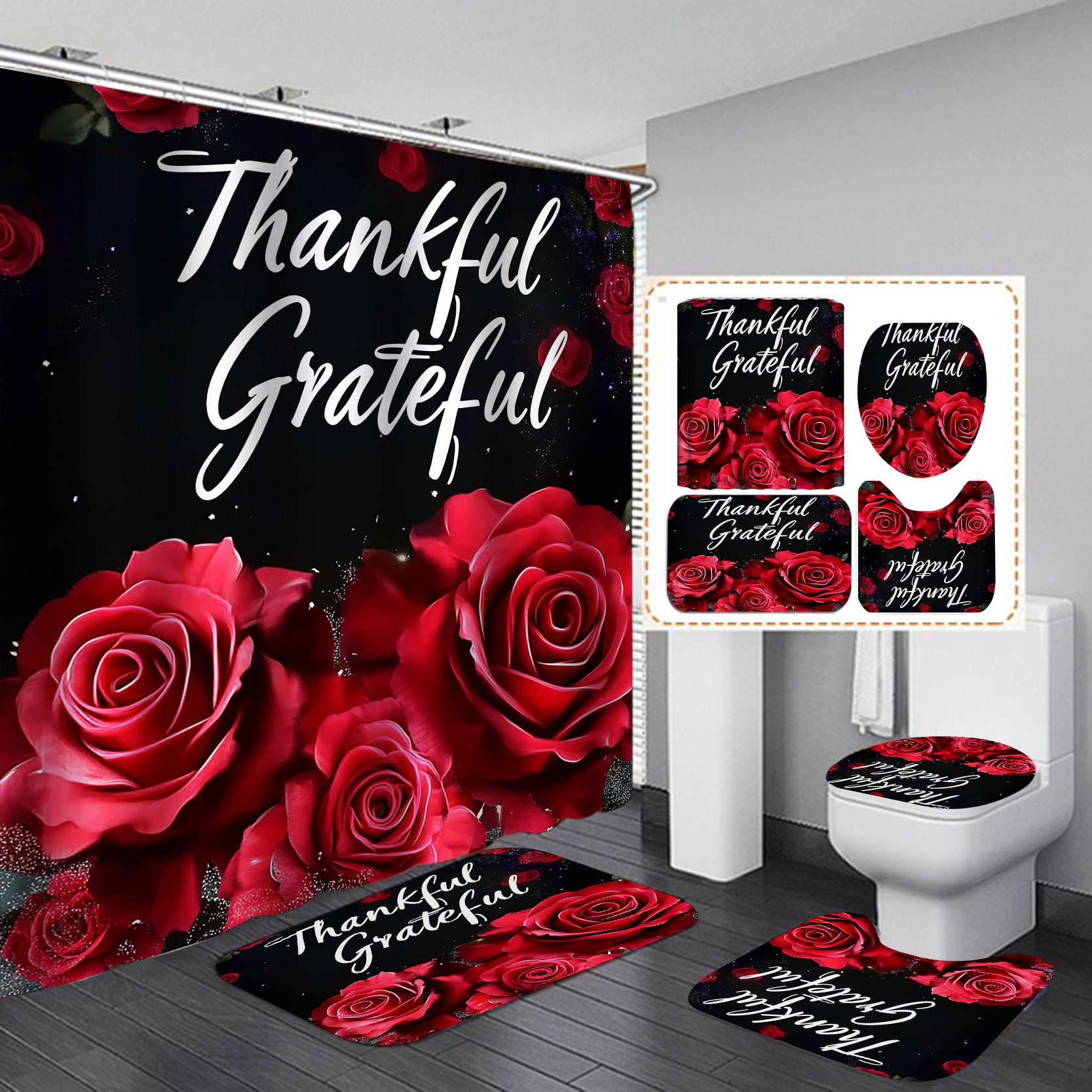 Rose negra cortina de baño de día de San Valentín impermeable a prueba de agua de acero de sombra cortina de baño plegable impermeable de secado rápido decoración romántica
