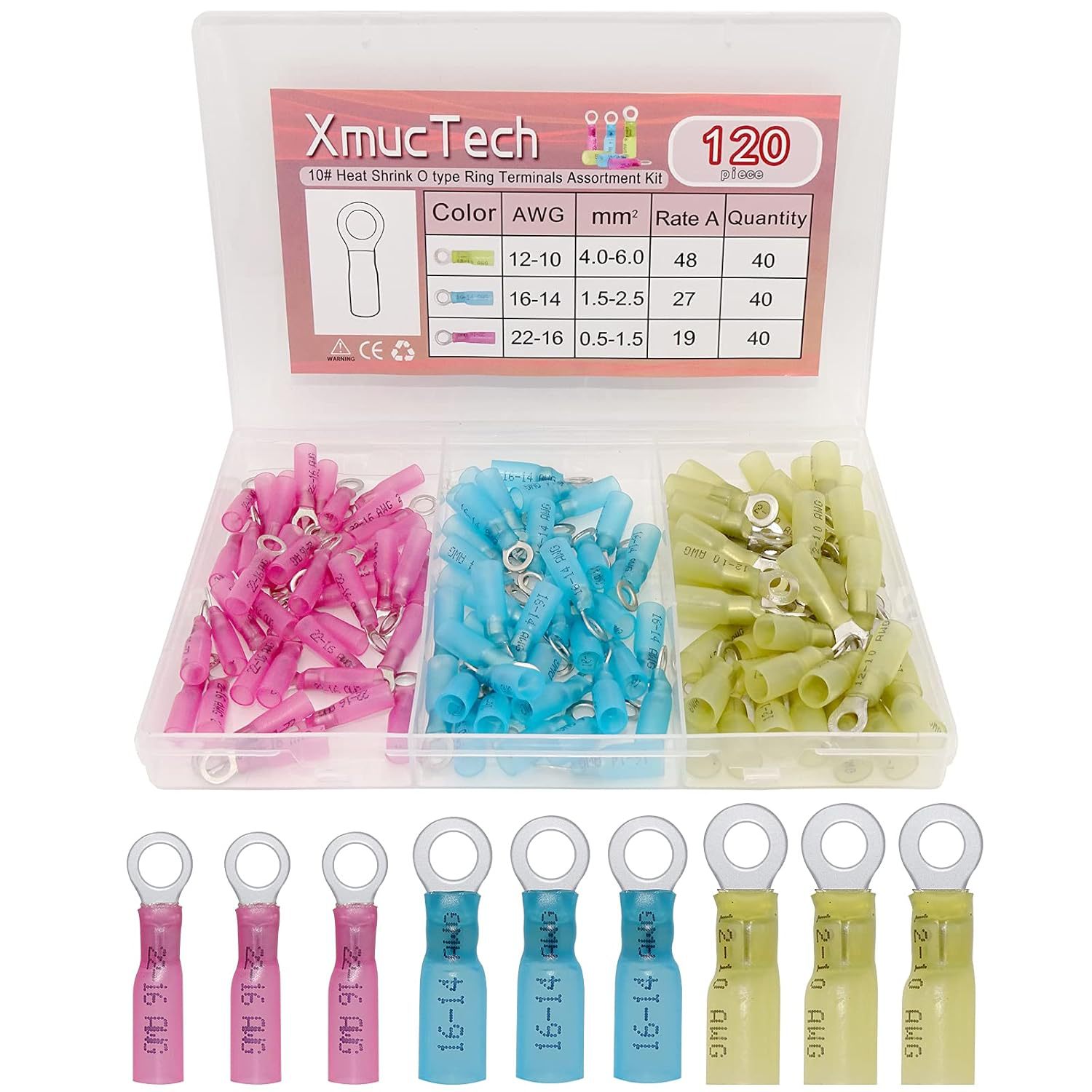 XmucTech 120 Pcs 10#, 22-16 16-14 12-10 AWG Heat Shrink Ring