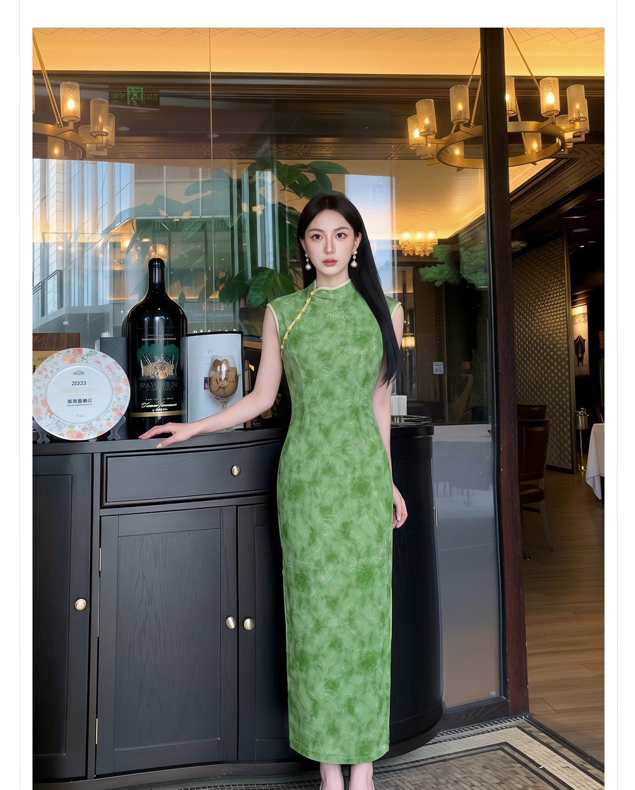 Đầm maxi nữ thắt eo cổ đứng tay dài họa tiết loang màu phong cách Tân Trung Hoa — Xanh lá cây nhạtcolor chi tiết 8