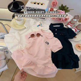 夏季新款女童POLO领连衣裙卡通猫咪刺绣短袖公主风童裙透气亲肤