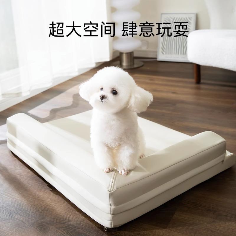 Perrera simple de cuero liso en forma de L nido perro dormir descanso estera extraíble y lavable oso peluche mascota sofá
