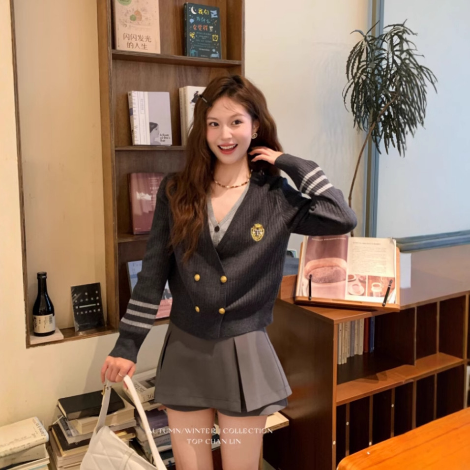 다크 브라운 V 넥 더블 브레스트 페이크 투피스 니트 카디건 여성 가을 한국식 칼리지 스타일 슬림 슬리밍 스웨터 탑